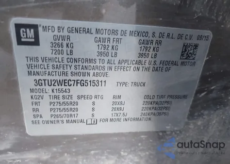 2015 GMC Sierra 1500 Denali z USA, uszkodzony, nr VIN 3GTU2WEC7FG515311